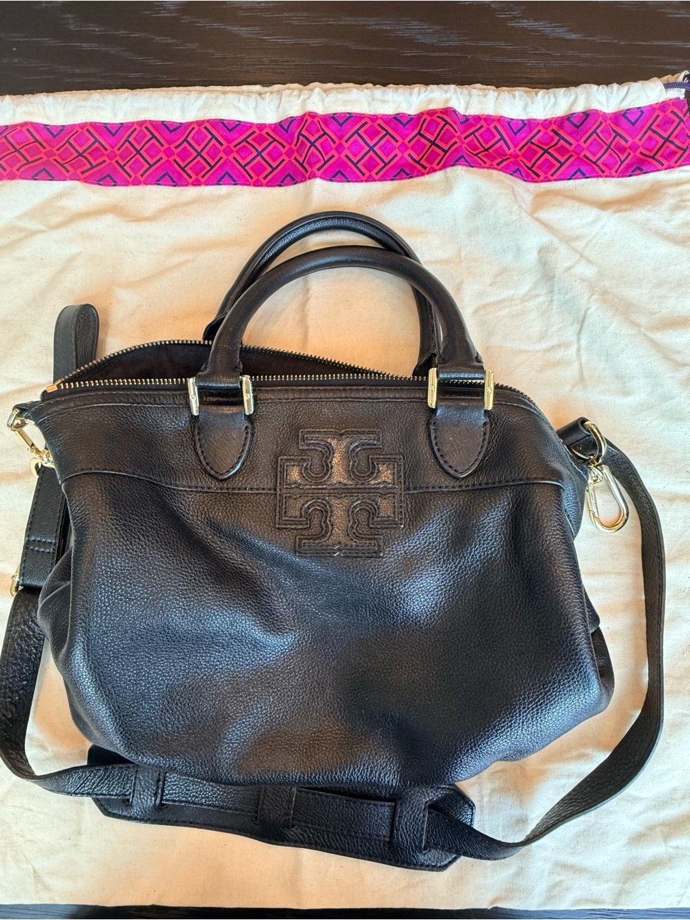 Tory Burch Black Pebbled Leather Shoulder Satchel